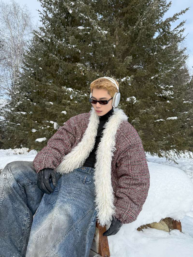 DBW Doublewin Red Houndstooth Fur-Trimmed Coat