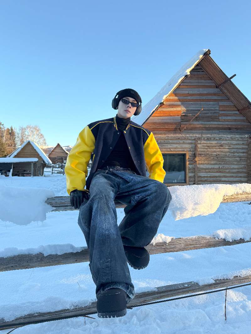 DBW Doublewin Color-Block Leather Panel Oversized Baseball Jacket