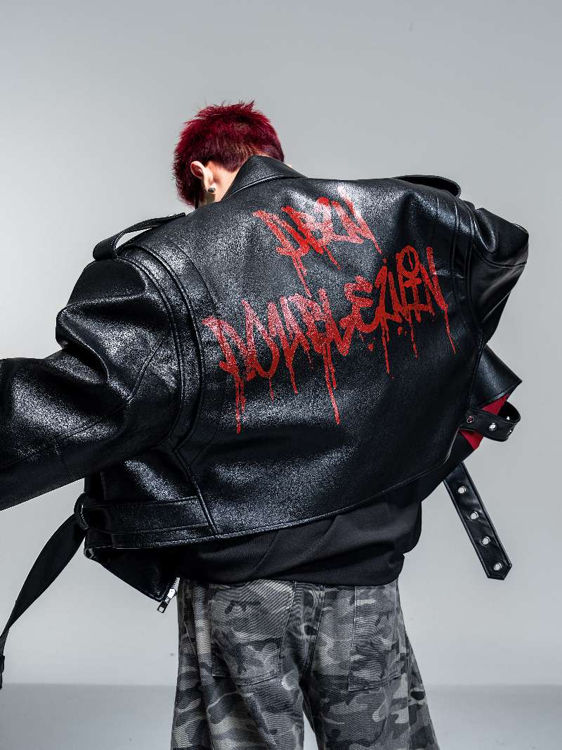 DBW Doublewin Black Red Oil Finish Leather Jacket