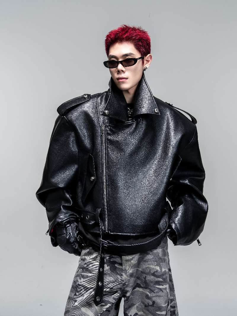 DBW Doublewin Black Red Oil Finish Leather Jacket