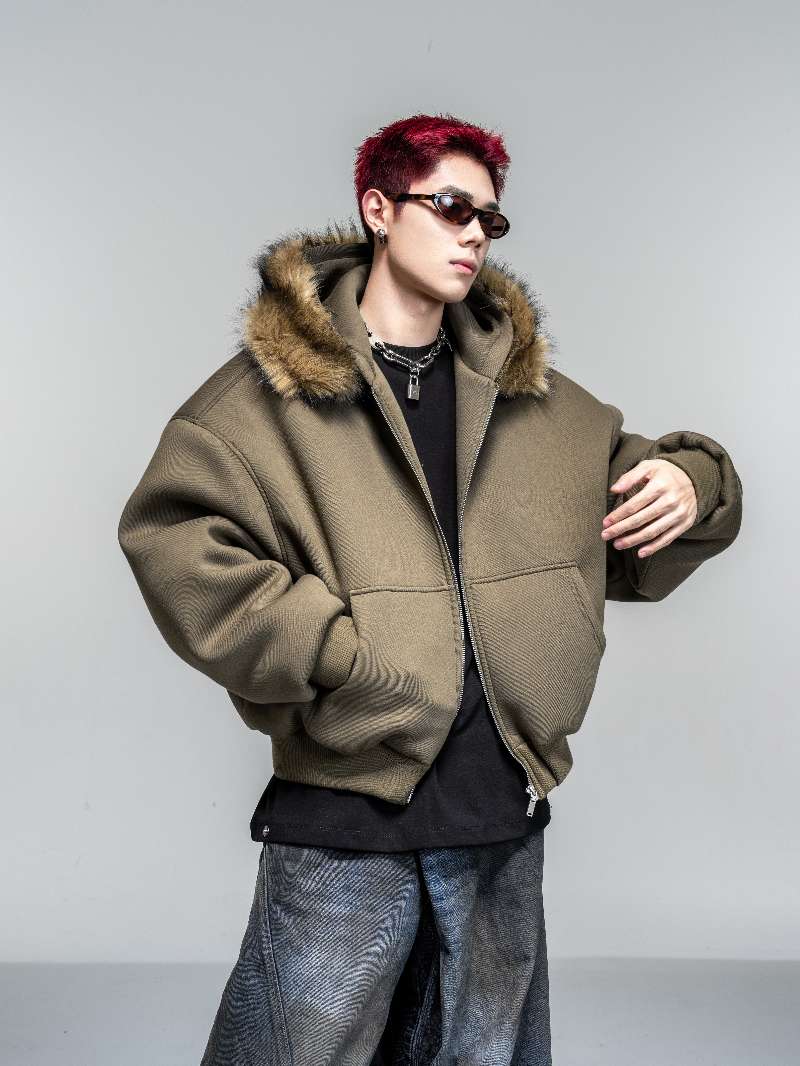 DBW Doublewin Oversized Detachable Fur Hood Zip-Up Hooide