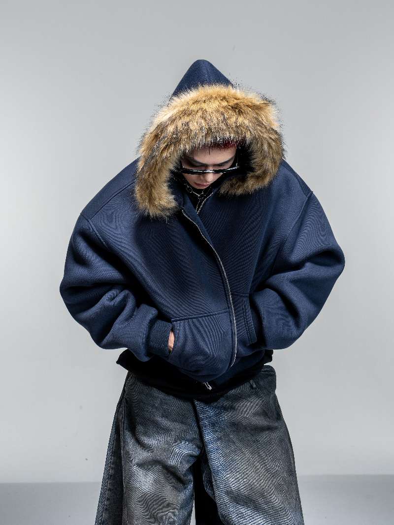 DBW Doublewin Oversized Detachable Fur Hood Zip-Up Hooide