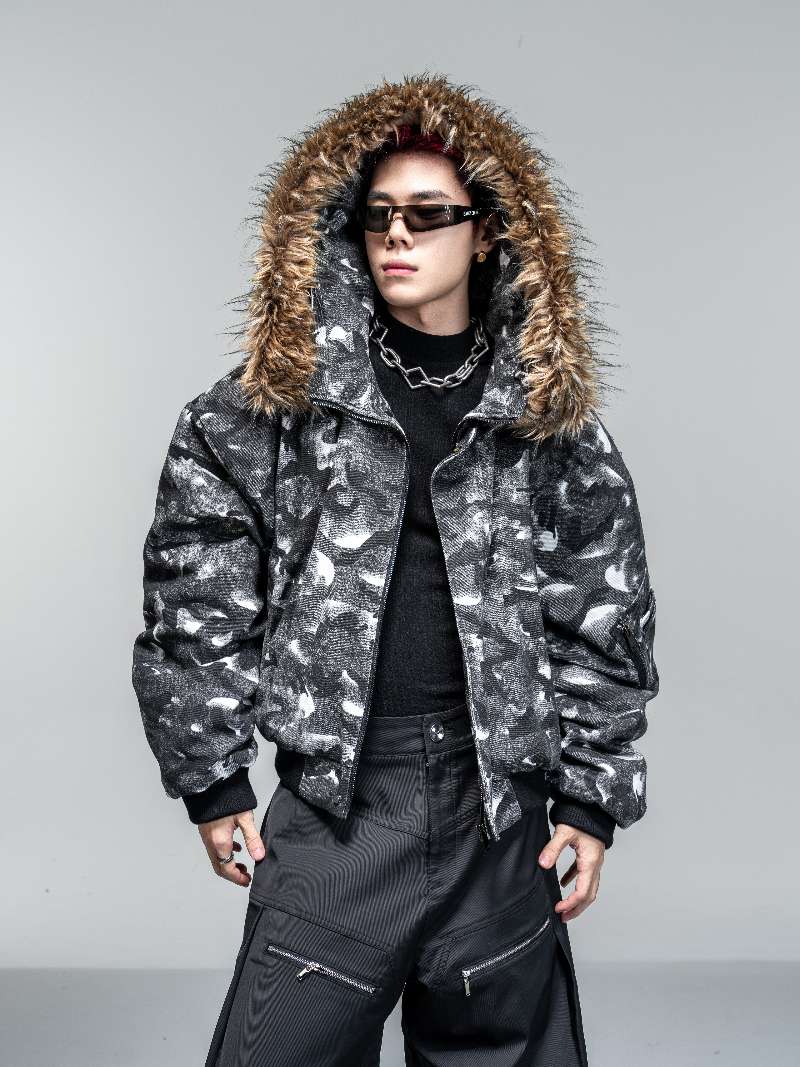 DBW Doublewin Black Grey Camouflage Detachable Fur Collar Cotton Jacket