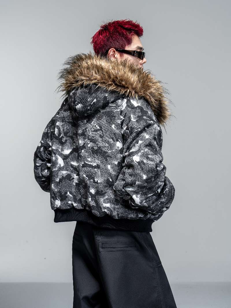 DBW Doublewin Black Grey Camouflage Detachable Fur Collar Cotton Jacket