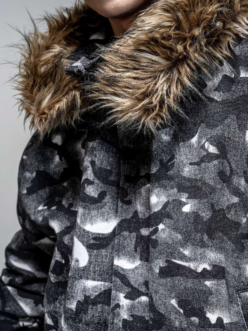 DBW Doublewin Black Grey Camouflage Detachable Fur Collar Cotton Jacket