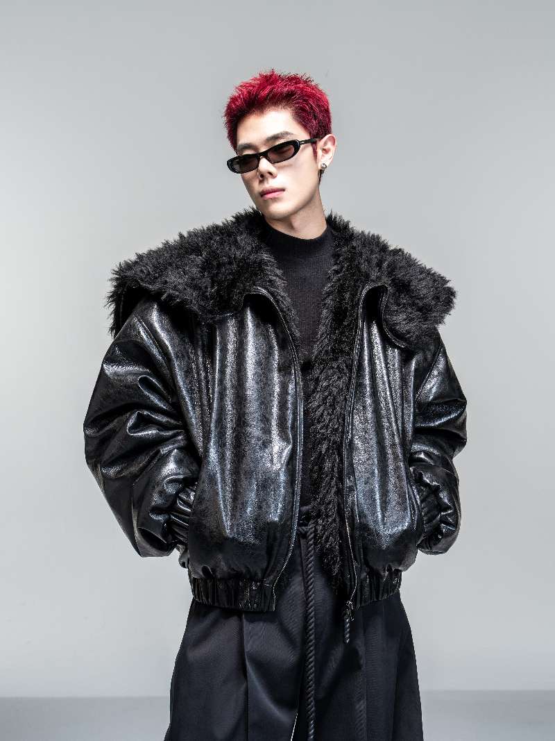 DBW Doublewin Glossy Leather Plush Pile Flight Jacket