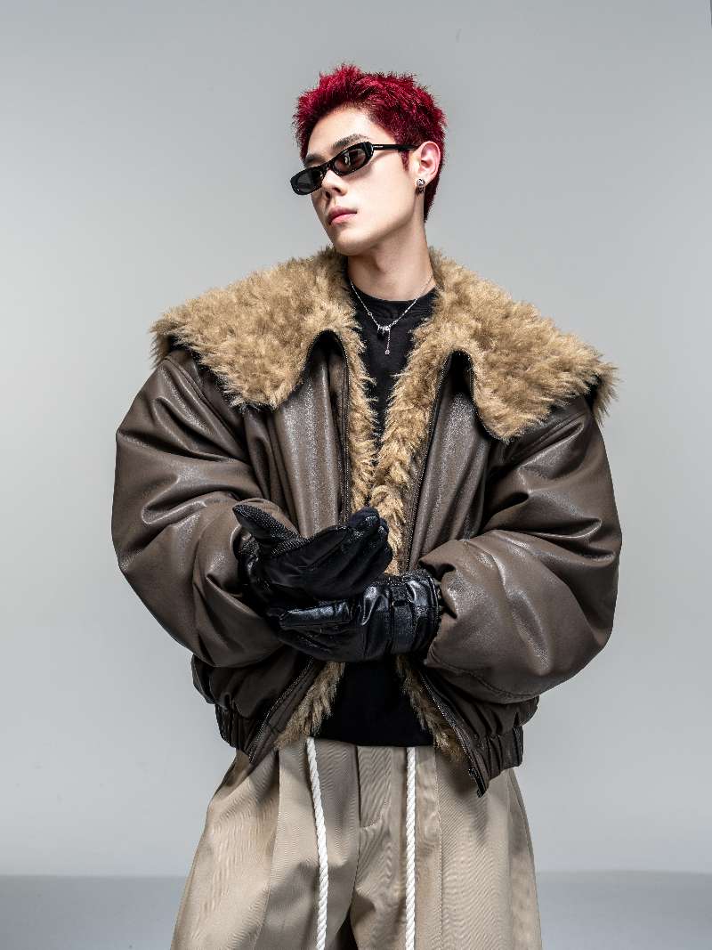 DBW Doublewin Glossy Leather Plush Pile Flight Jacket