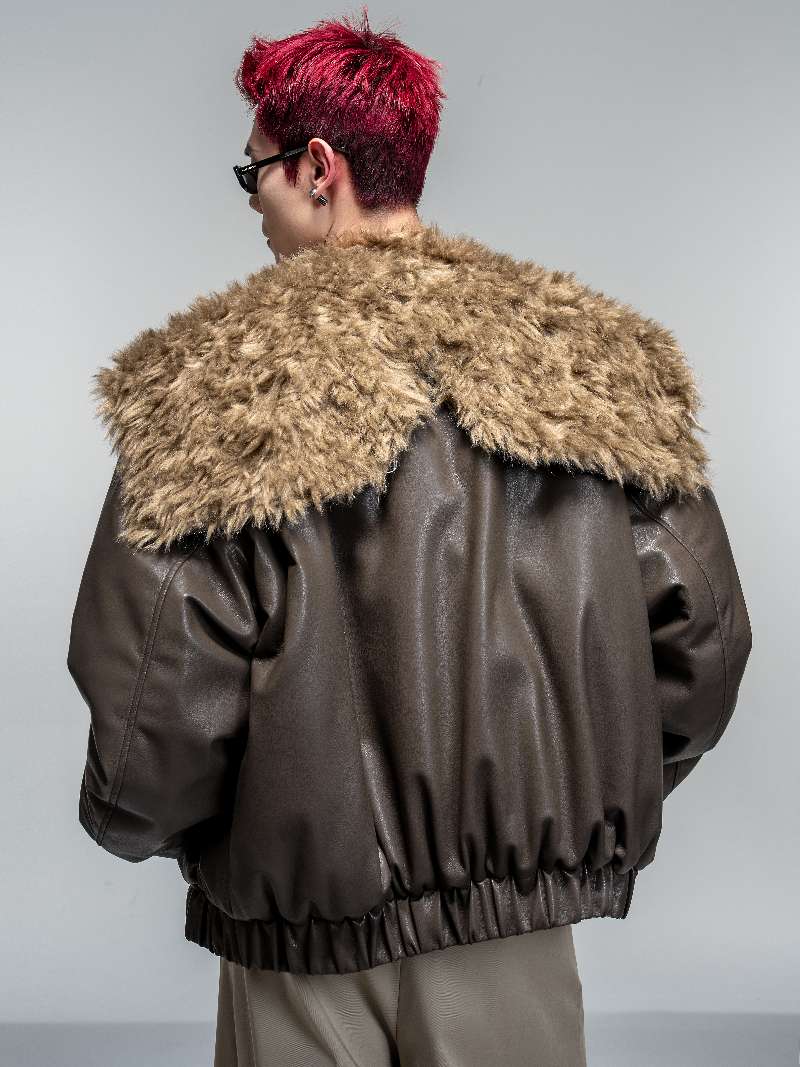 DBW Doublewin Glossy Leather Plush Pile Flight Jacket