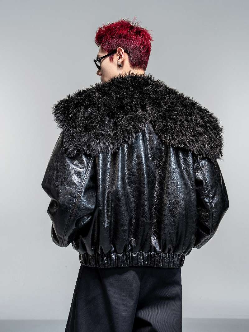 DBW Doublewin Glossy Leather Plush Pile Flight Jacket