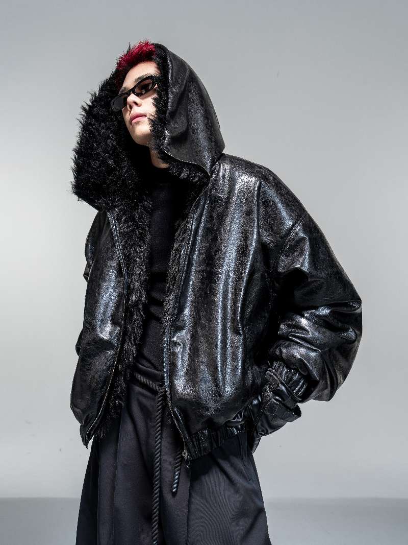 DBW Doublewin Glossy Leather Plush Pile Flight Jacket
