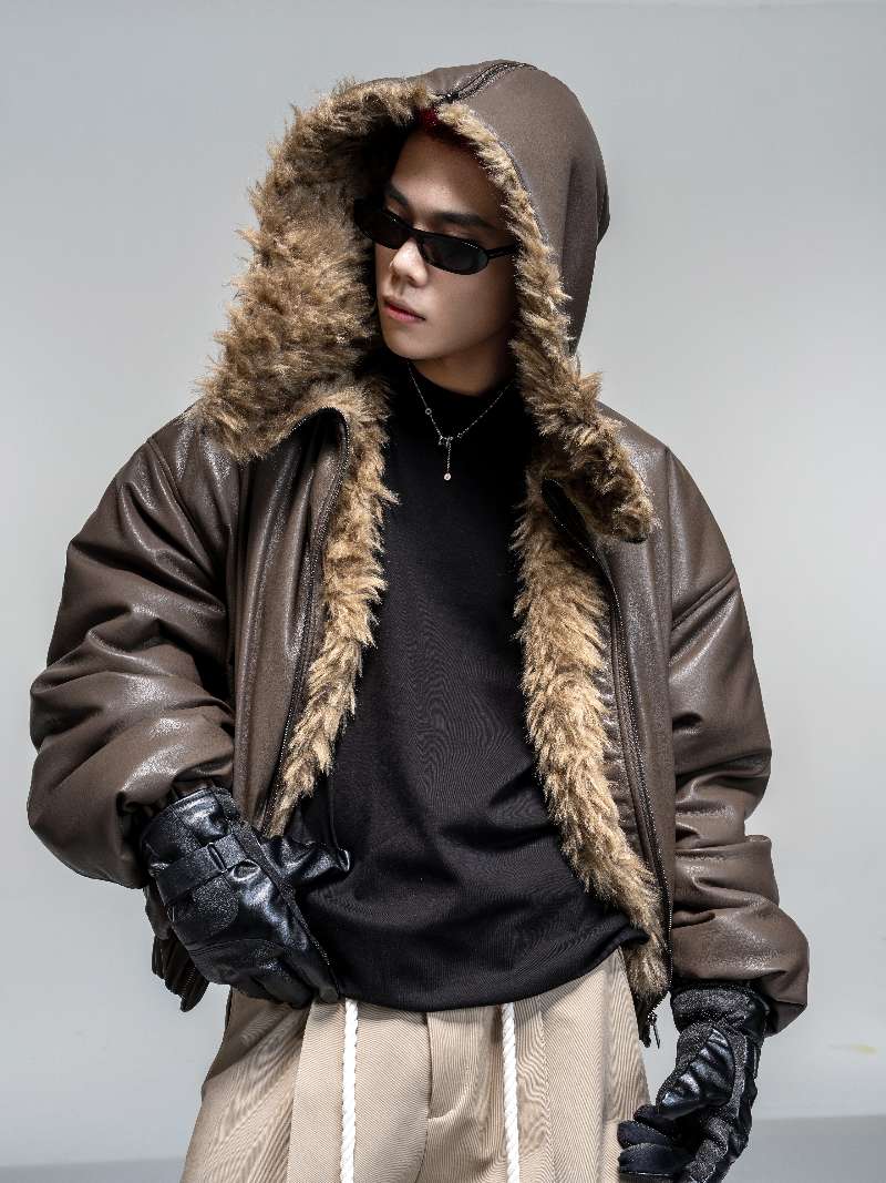 DBW Doublewin Glossy Leather Plush Pile Flight Jacket