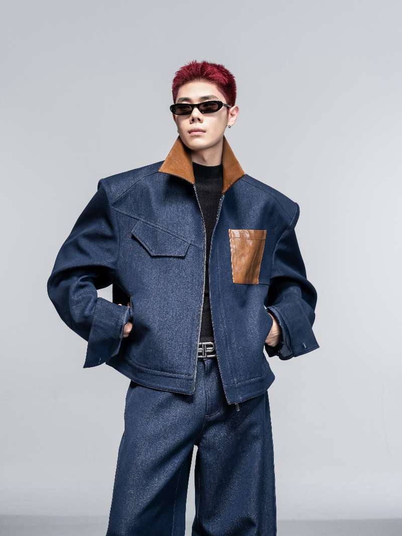 DBW Doublewin Leather Panel Shoulder Pad Cropped Jacket Set