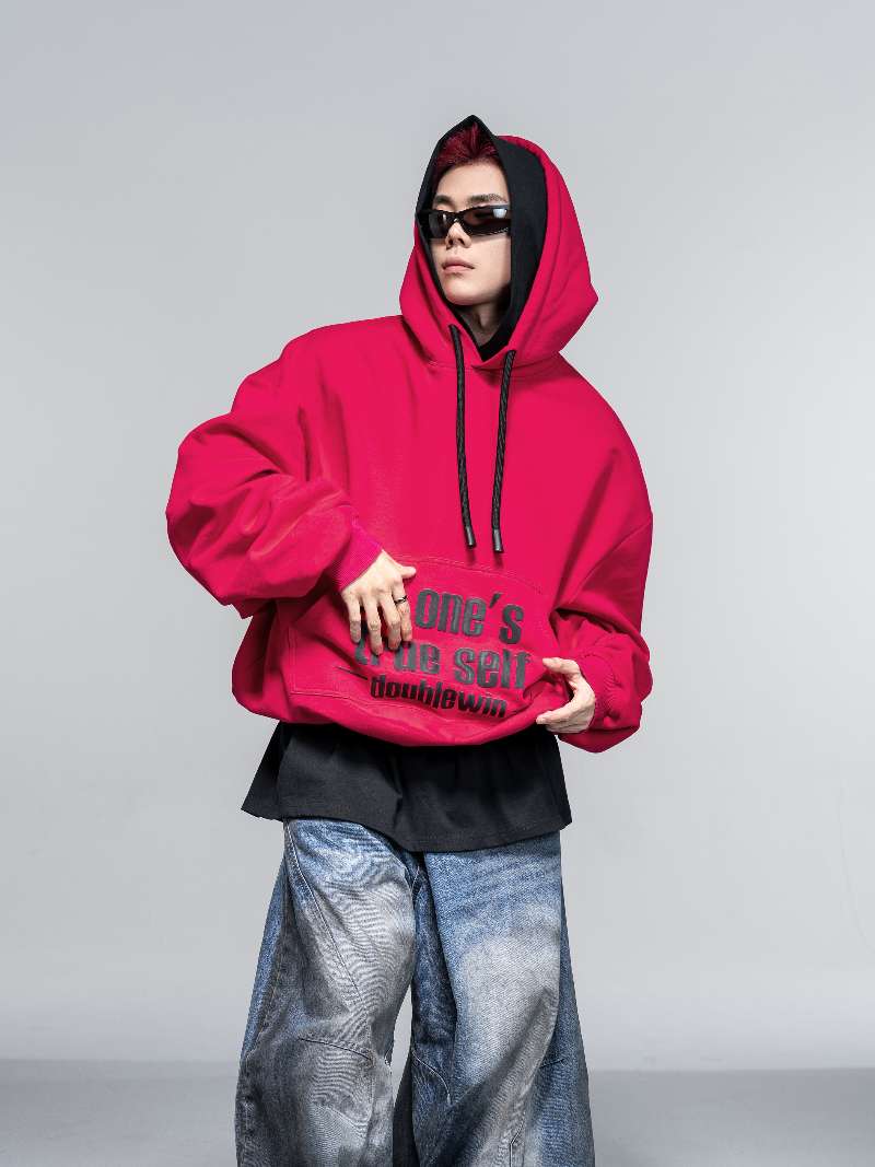 DBW Doublewin Paneled False Two-Layer Color-Block Dual Hood Hoodie