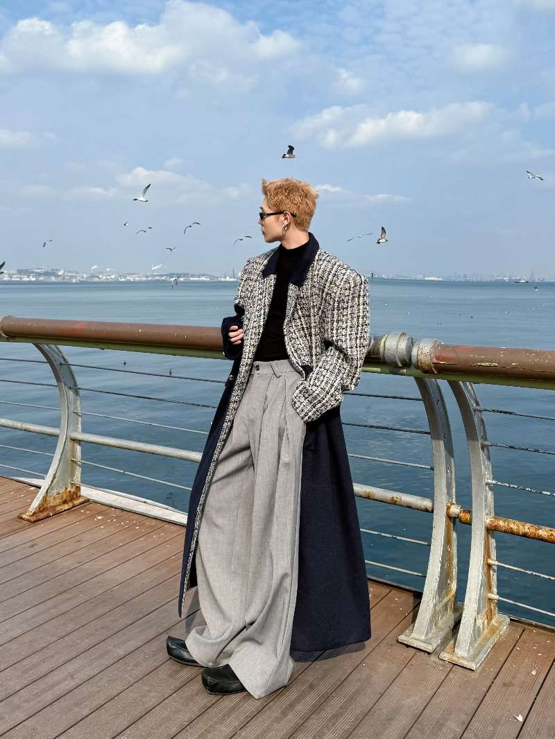 DBW Doublewin Wool Blend Panel Asymmetric Tweed Coat