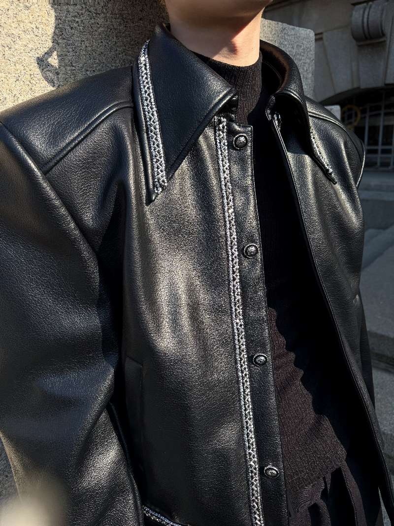DBW Doublewin Pointed Collar Beaded Trim Webbing Leather Jacket