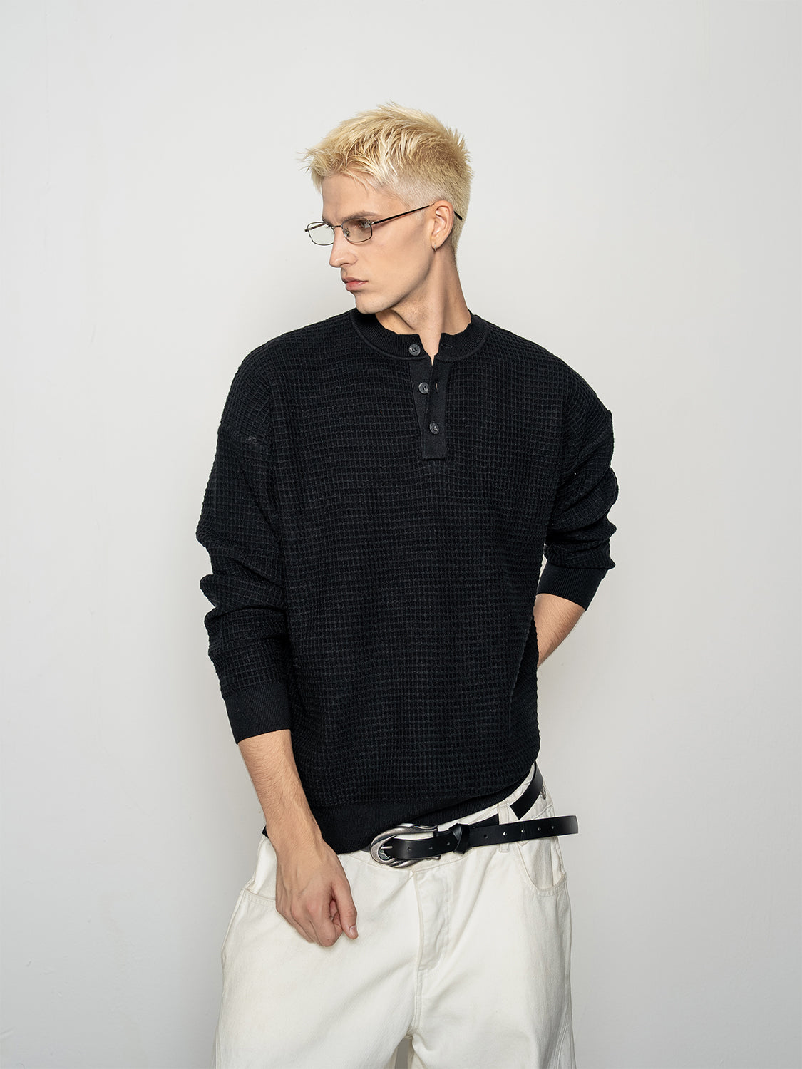 DBW Doublewin Waffle Knit Long Sleeve Henley Shirt