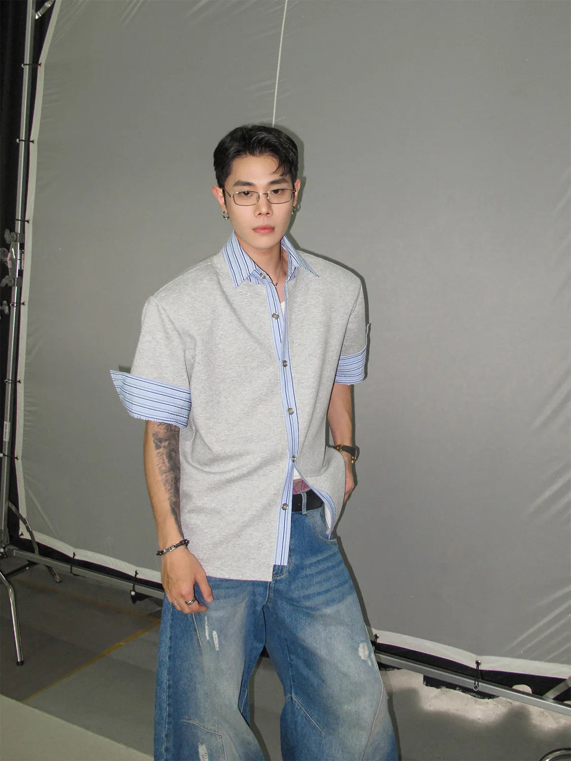 DBW Doublewin Textured Blue Stripe Panel Knit Shirt