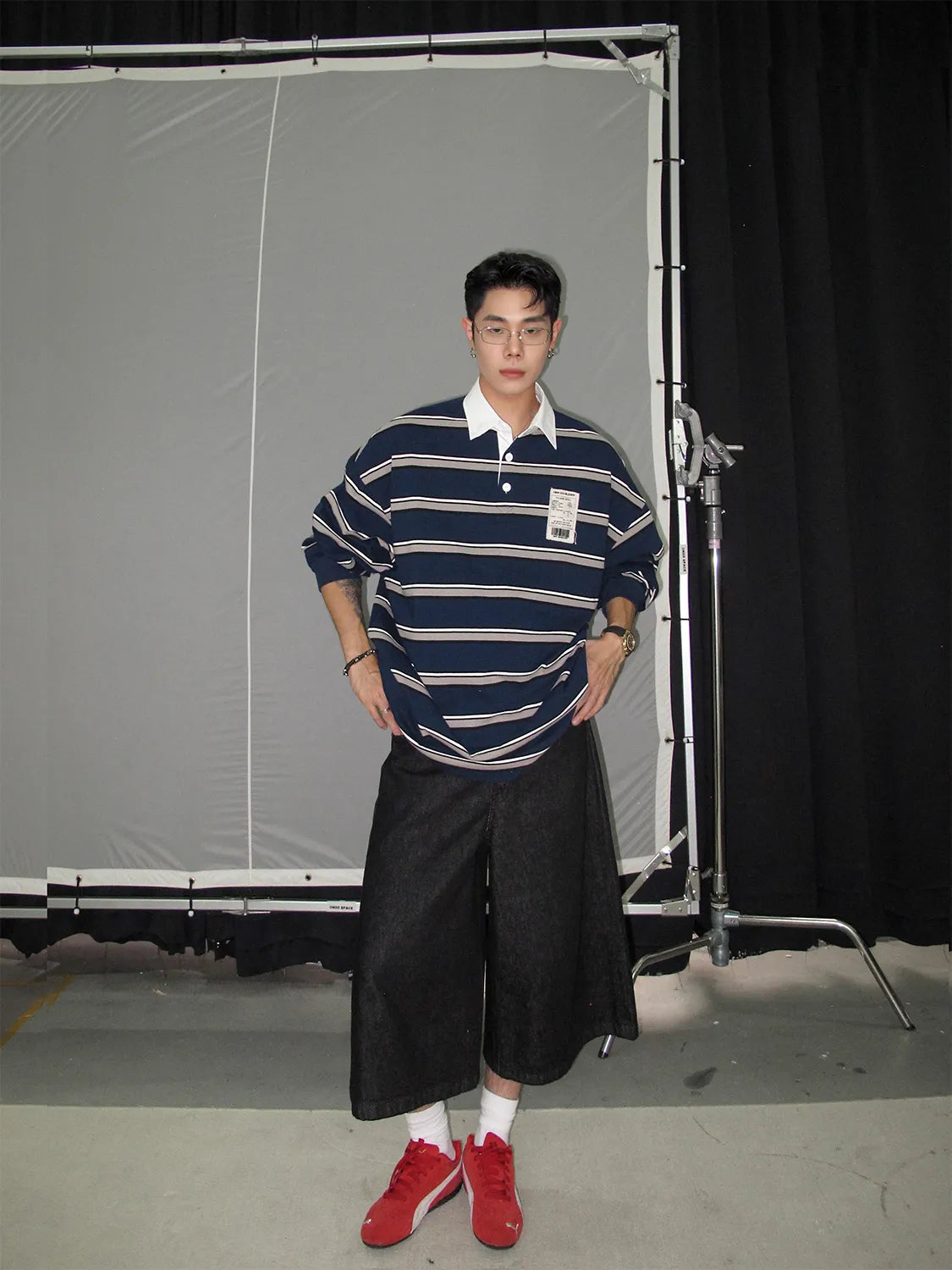 DBW Doublewin Navy White Color-Block Stripe Polo Shirt