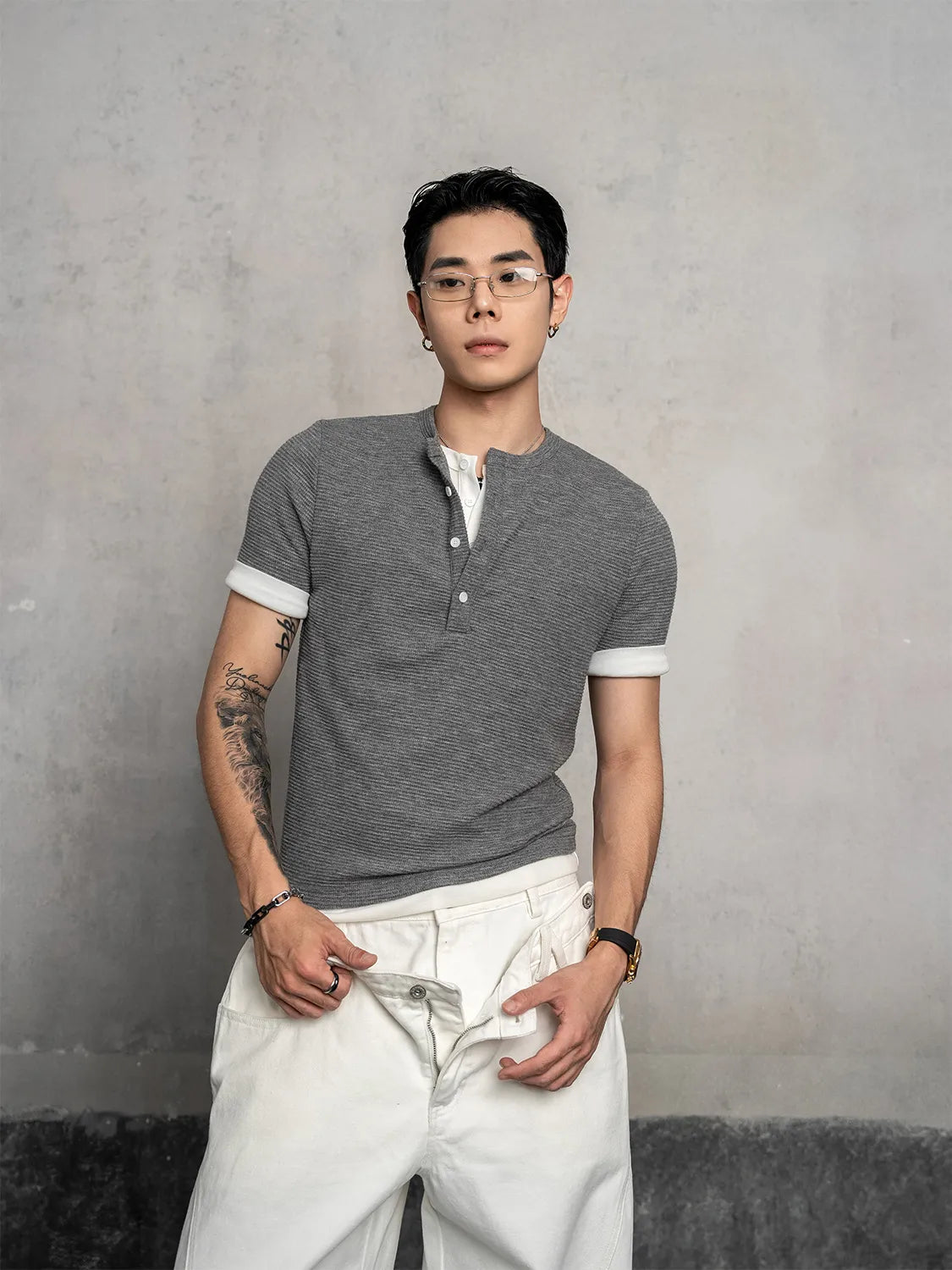 DBW Doublewin Waffle Knit False Two-Layer Henley Shirt