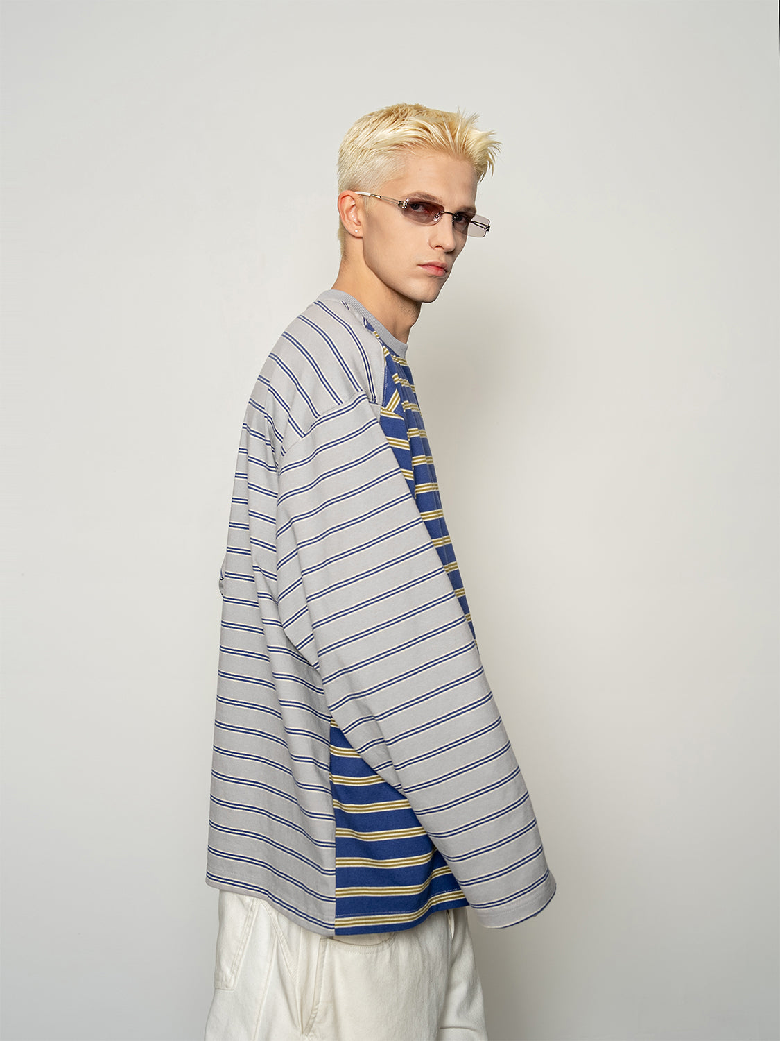 DBW Doublewin Front Back Color-Block Striped Long Sleeve T-Shirt