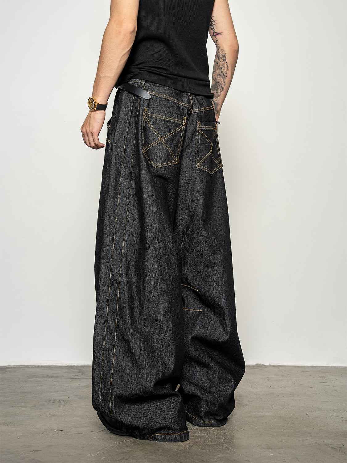 DBW Doublewin Contrast Stitching Raw Denim Wide-Leg Jeans