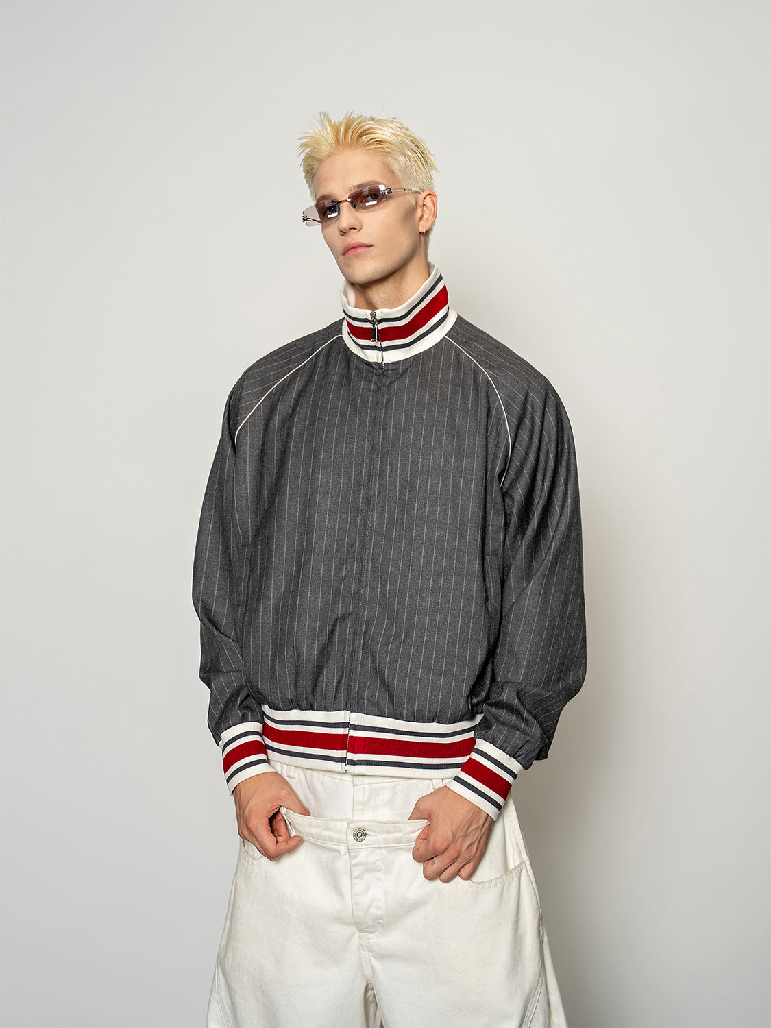 DBW Doublewin Ribbed Color-Block High-Neck Striped Coat