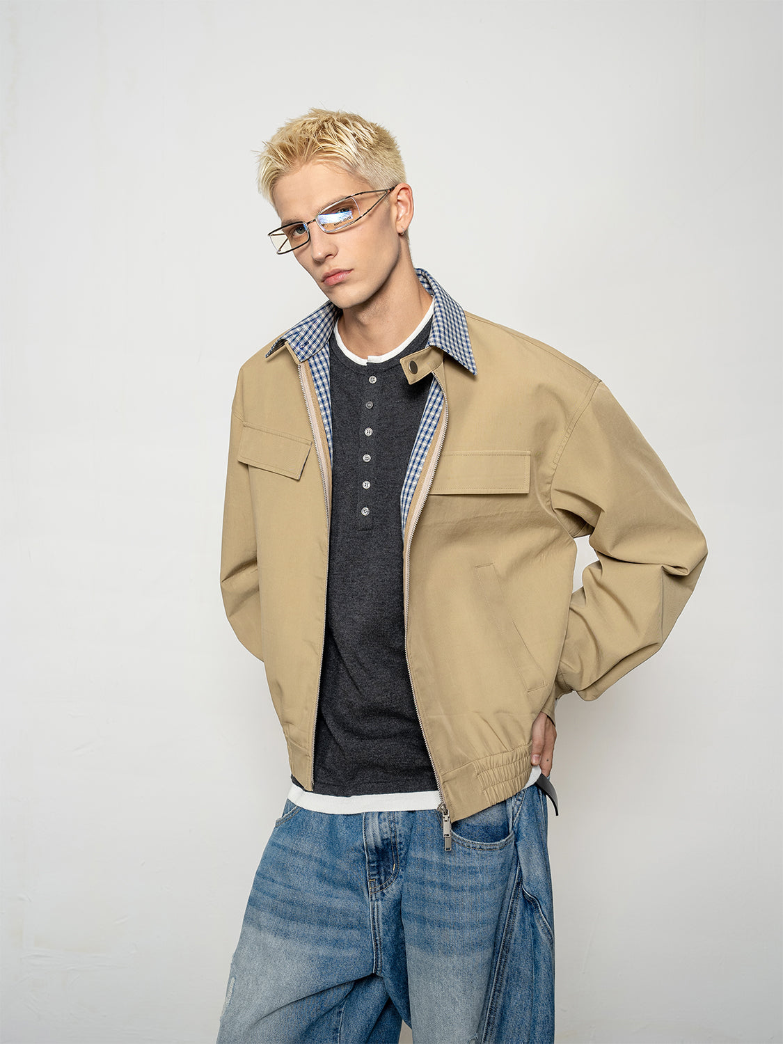 DBW Doublewin Vintage Color-Block Plaid Notch Lapel Jacket