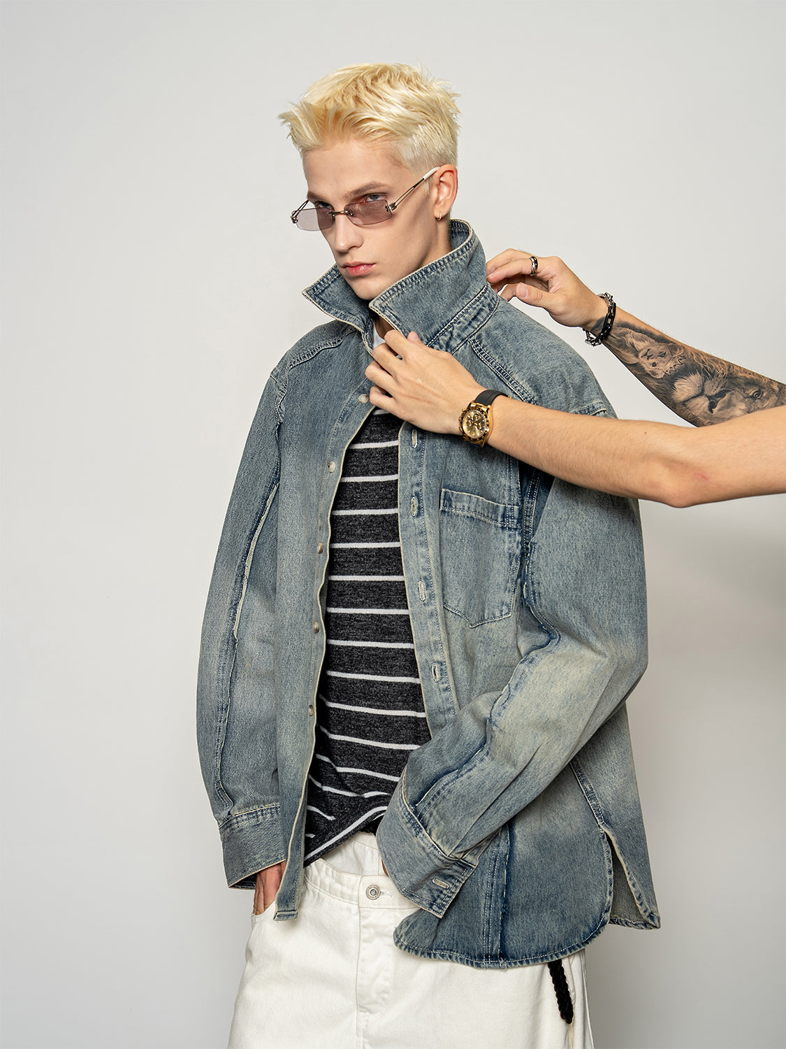 DBW Doublewin Vintage Washed Stand-Collar Denim Shirt