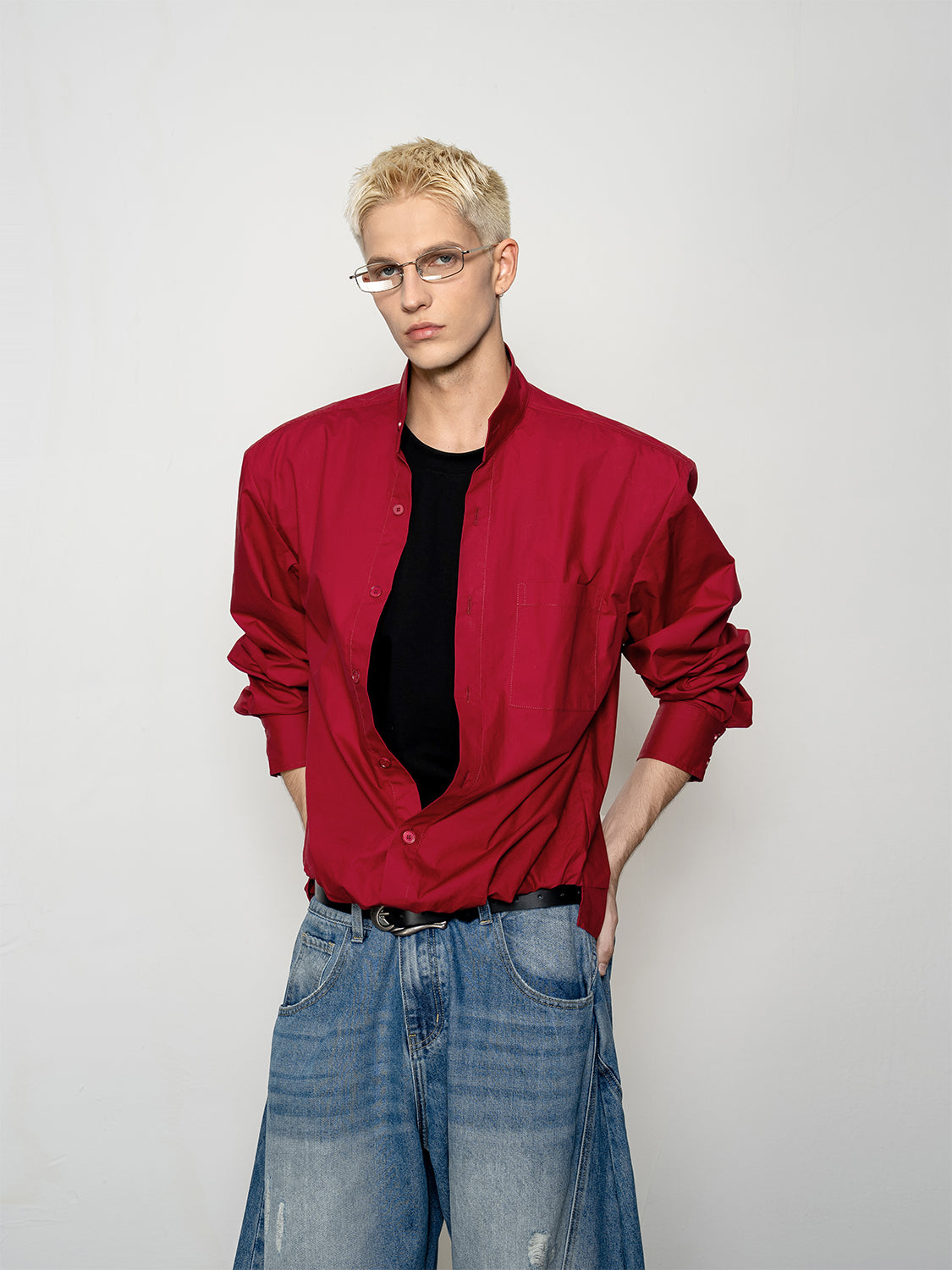 DBW Doublewin Hierarchical Textured False Two-Piece Stand Collar Shirt