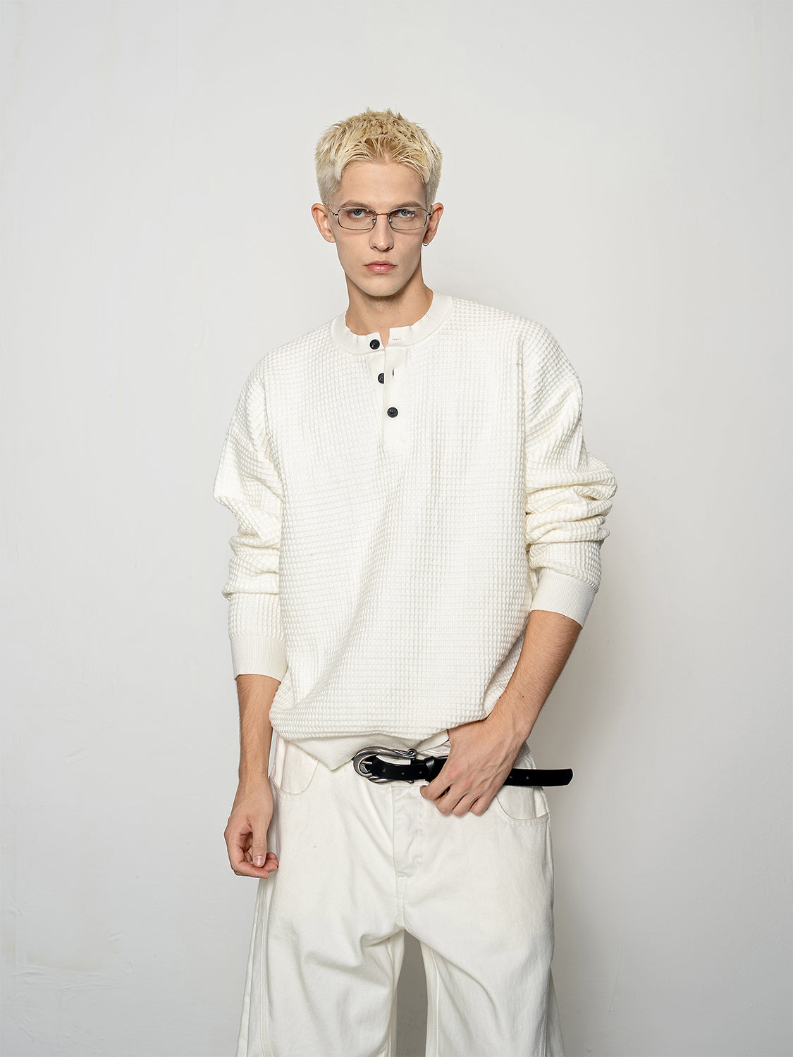 DBW Doublewin Waffle Knit Long Sleeve Henley Shirt