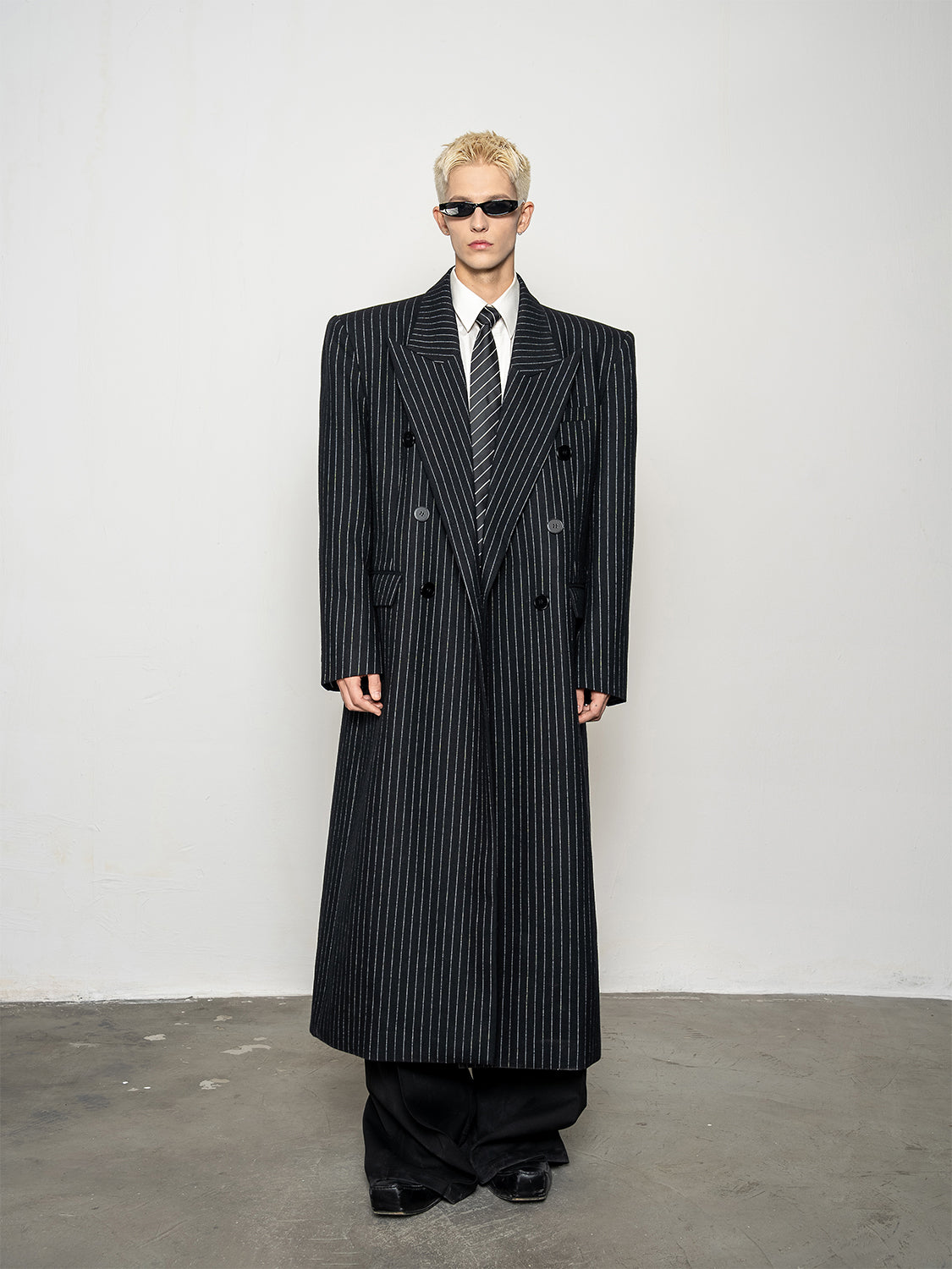 DBW Doublewin Classic Wool Blend Striped Peaked Lapel Overcoat