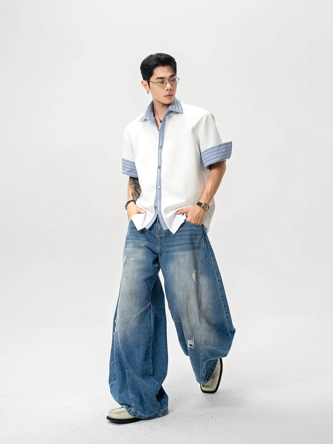 DBW Doublewin Textured Blue Stripe Panel Knit Shirt