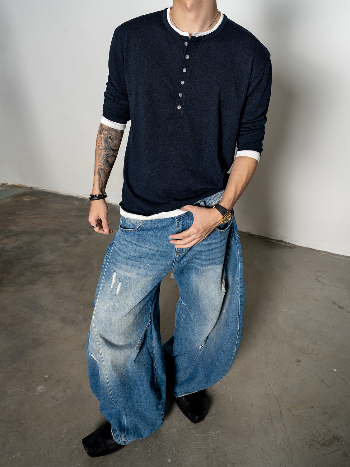 DBW Doublewin False Two-Layer Henley Knit Sweater