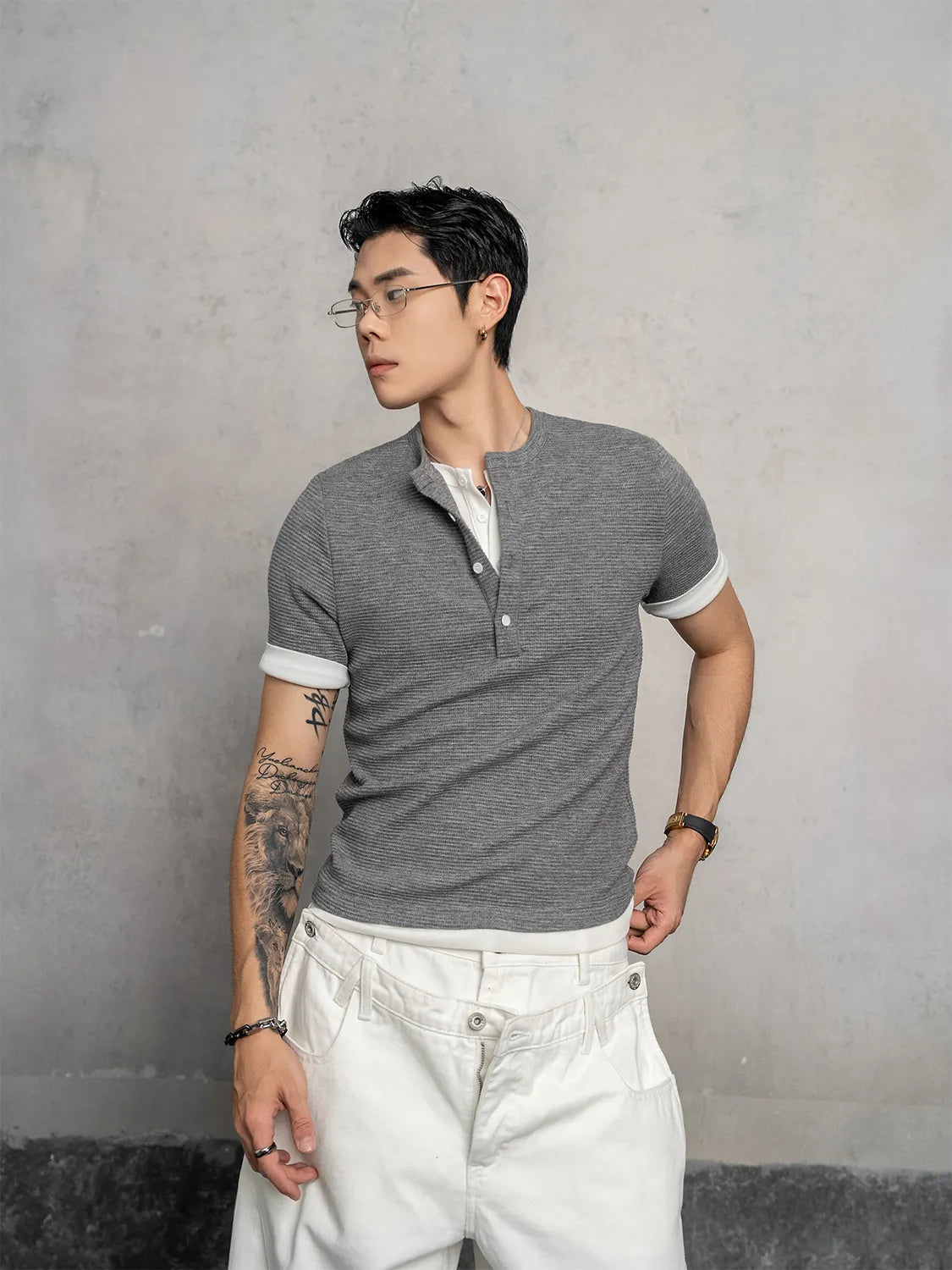 DBW Doublewin Waffle Knit False Two-Layer Henley Shirt