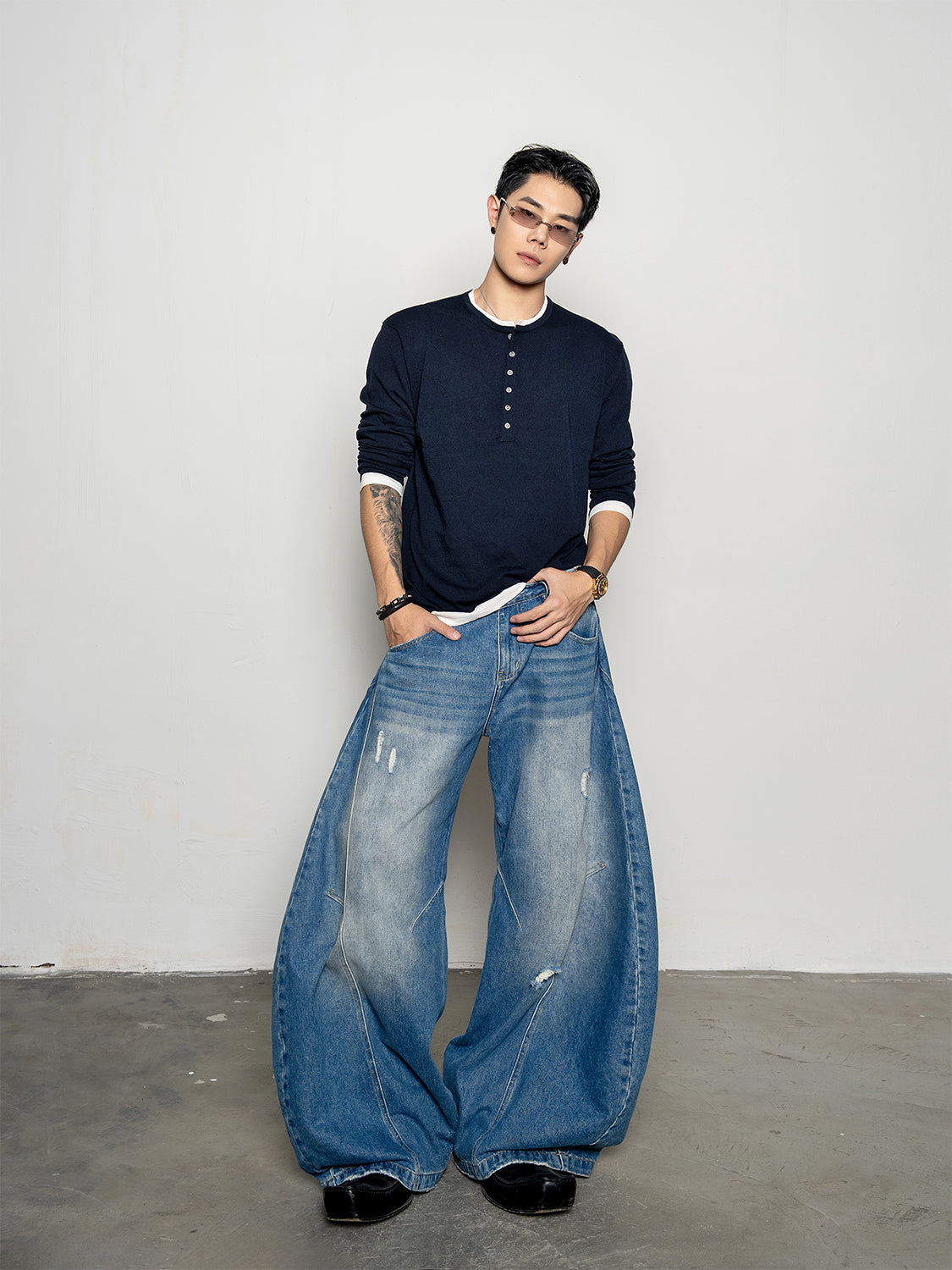 DBW Doublewin False Two-Layer Henley Knit Sweater