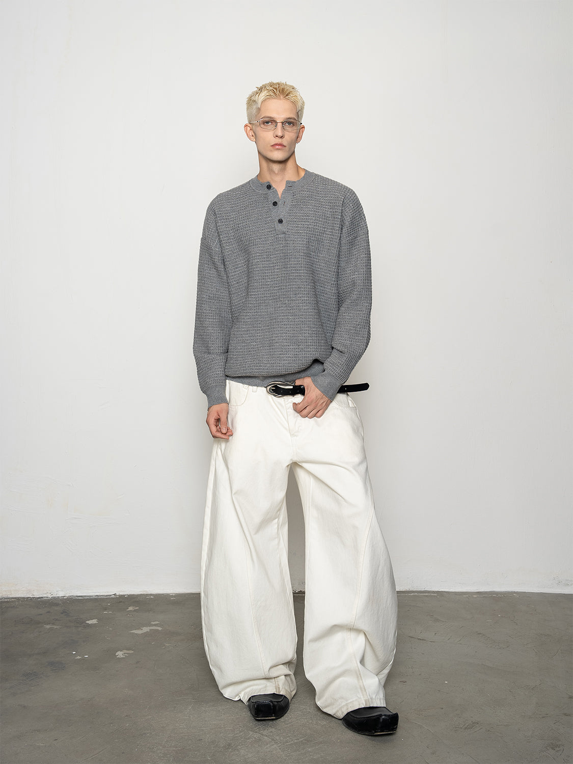DBW Doublewin Waffle Knit Long Sleeve Henley Shirt