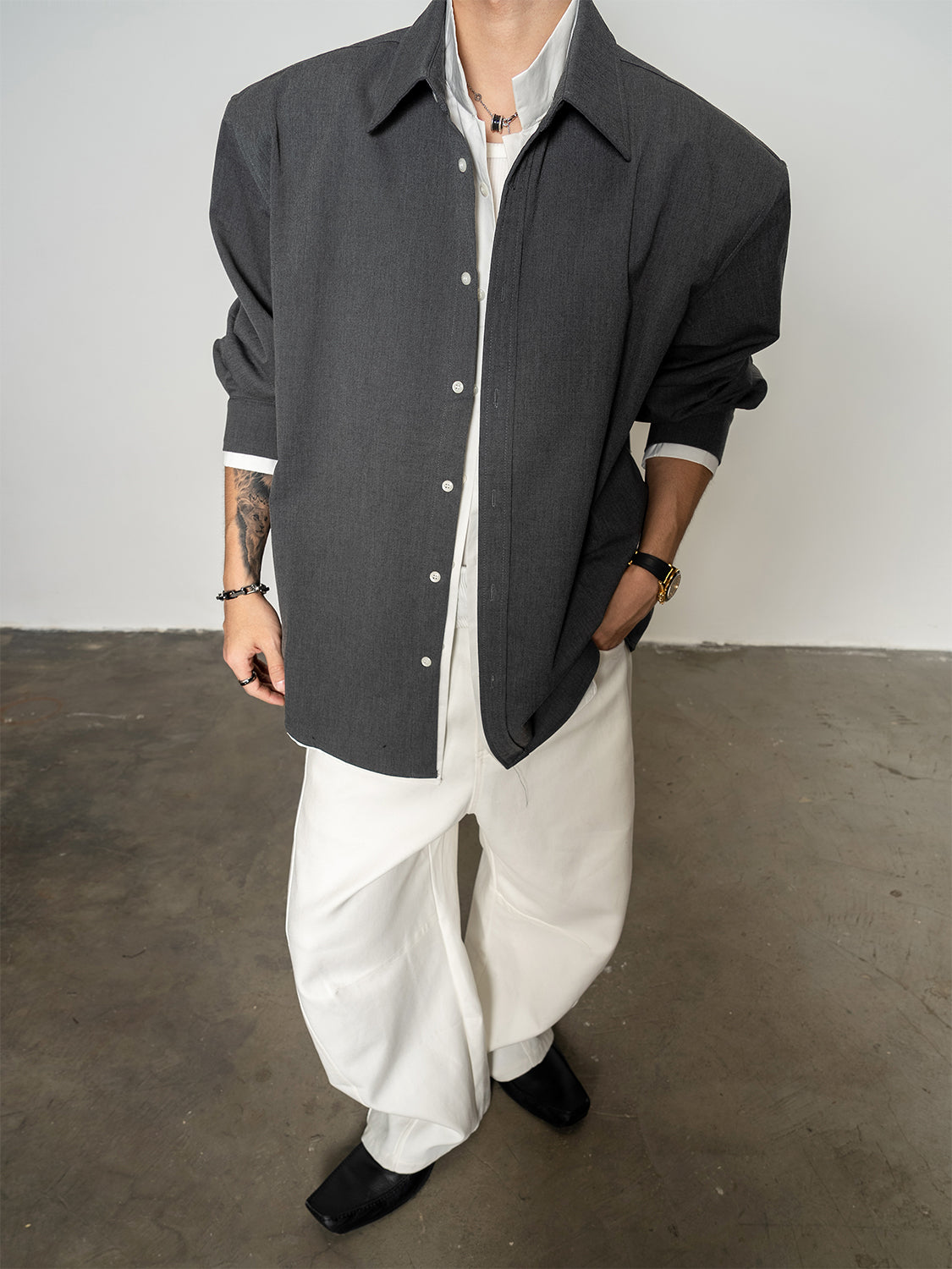 DBW Doublewin False Two-Piece Wool Blend Shirt with Blazer Collar