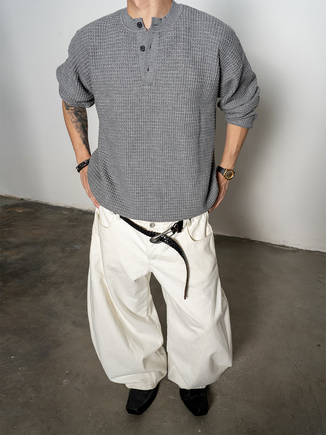 DBW Doublewin Waffle Knit Long Sleeve Henley Shirt