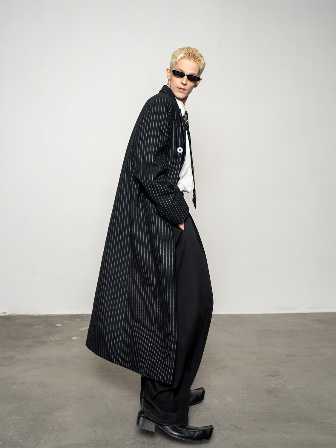 DBW Doublewin Classic Wool Blend Striped Peaked Lapel Overcoat
