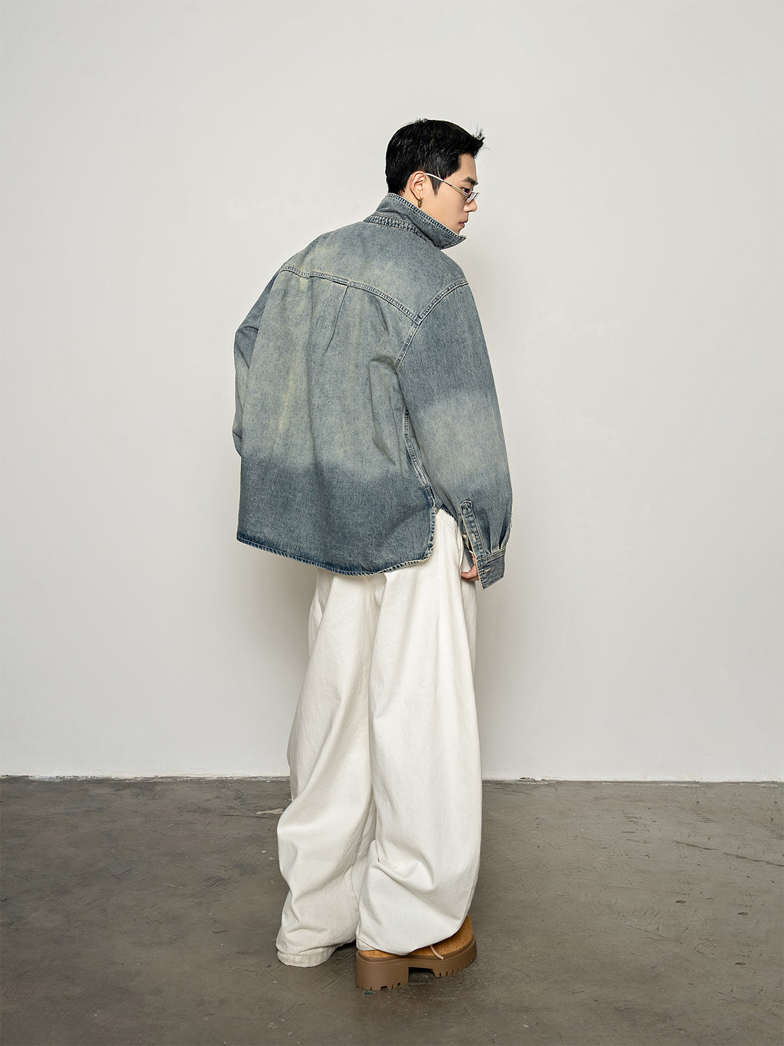 DBW Doublewin Vintage Washed Stand-Collar Denim Shirt