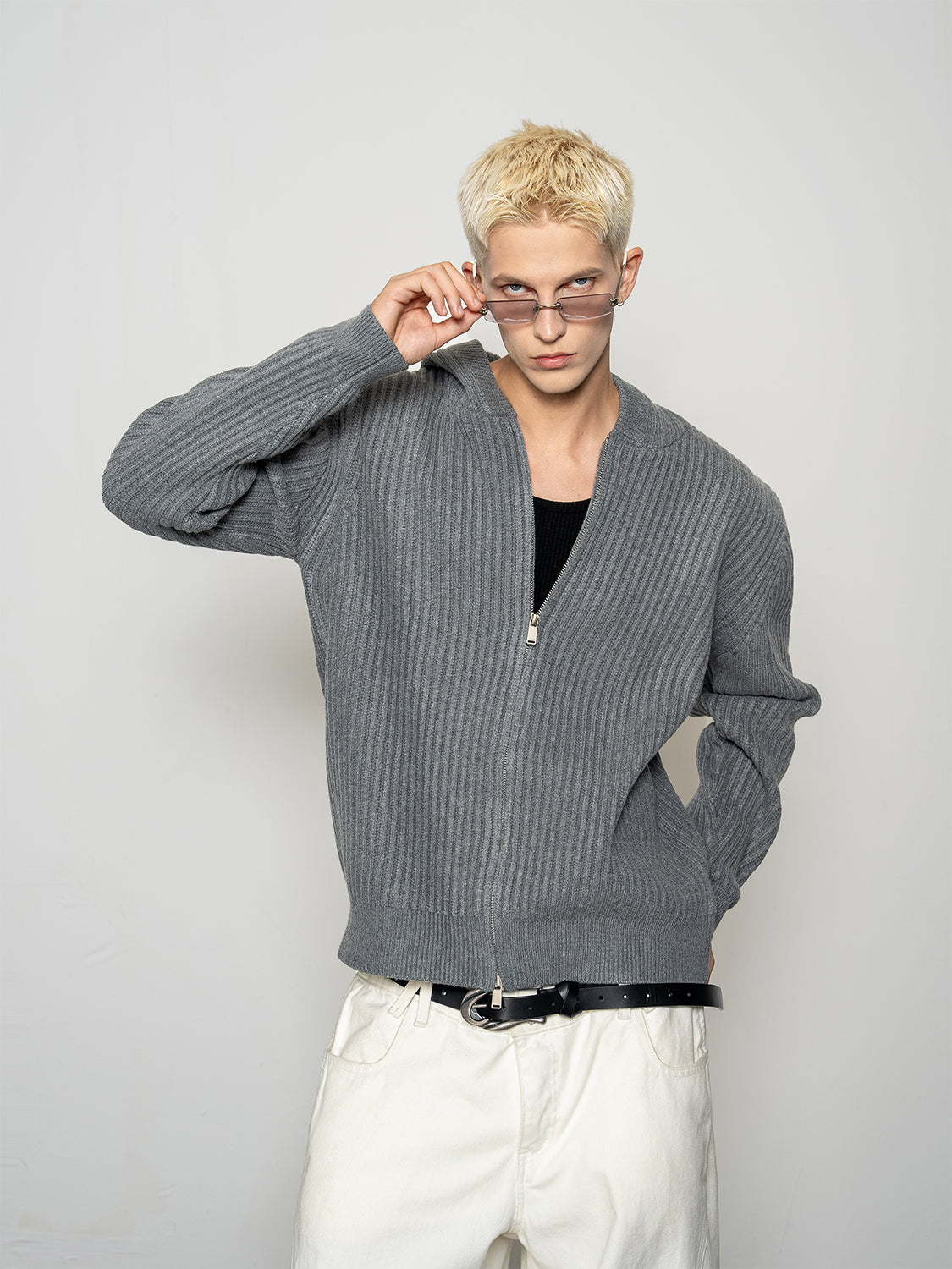 DBW Doublewin Chunky Knit Hooded Zip-Front Sweatshirt