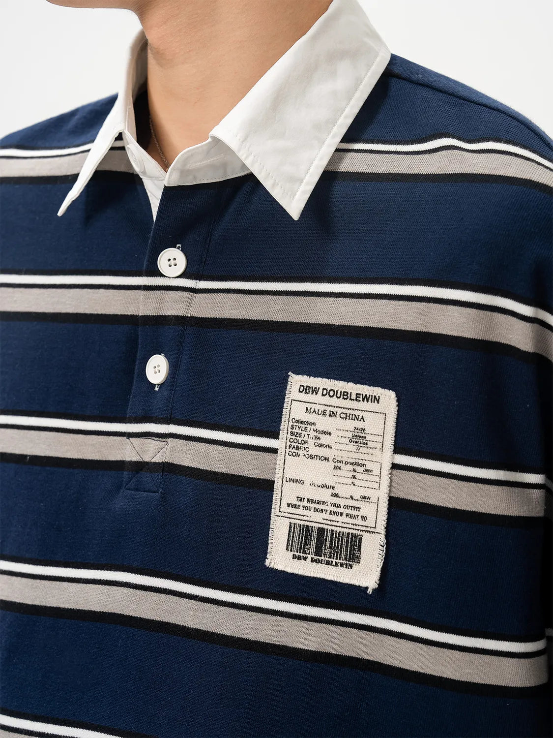 DBW Doublewin Navy White Color-Block Stripe Polo Shirt