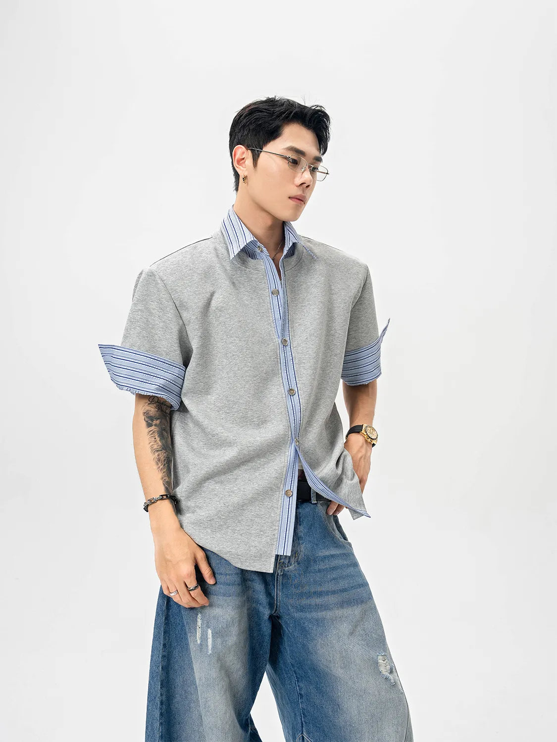 DBW Doublewin Textured Blue Stripe Panel Knit Shirt