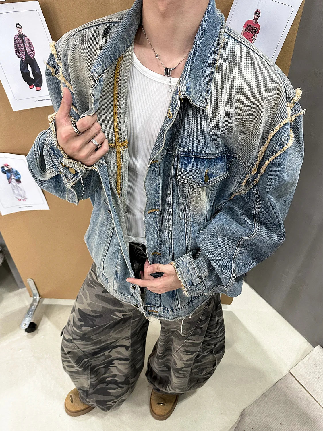 DBW Doublewin Raw-Edge Wide-Shoulder Denim Jacket