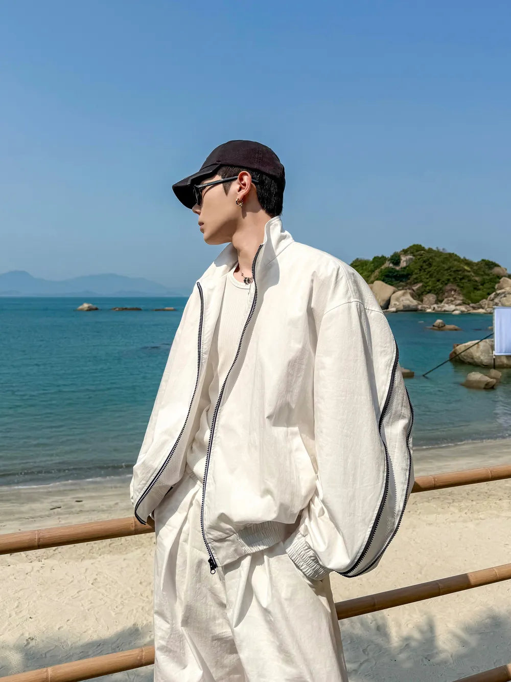 DBW Doublewin White Black Color-Block Line Thin Zip-Up Coat