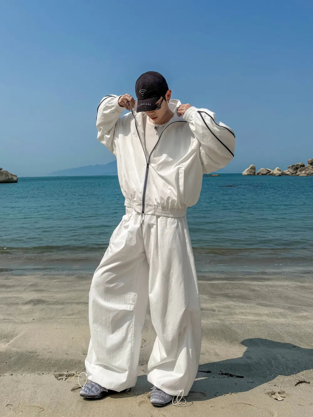DBW Doublewin White Black Color-Block Line Thin Zip-Up Coat