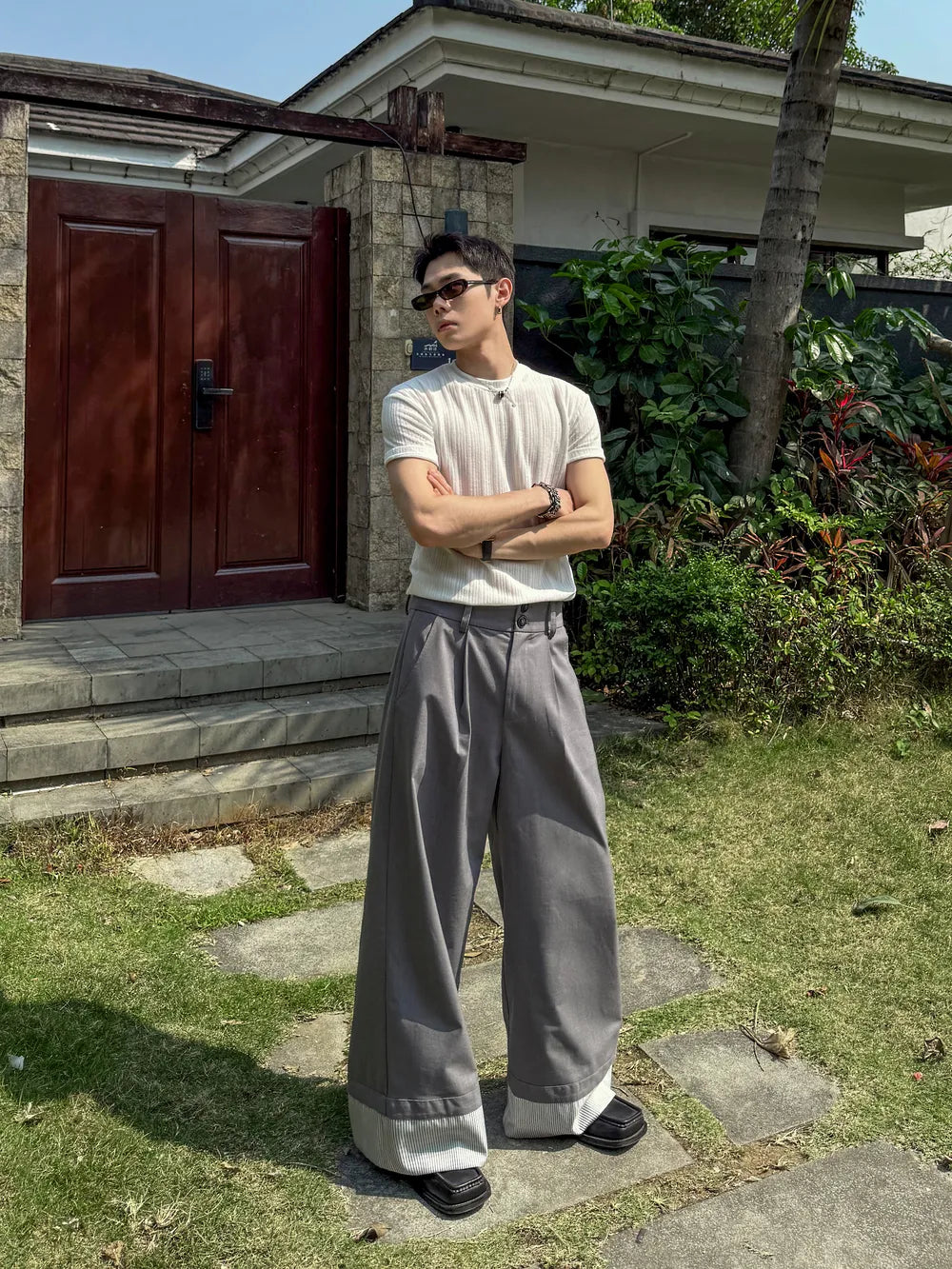 DBW Doublewin Patchwork Striped Fold-Over Casual Pants