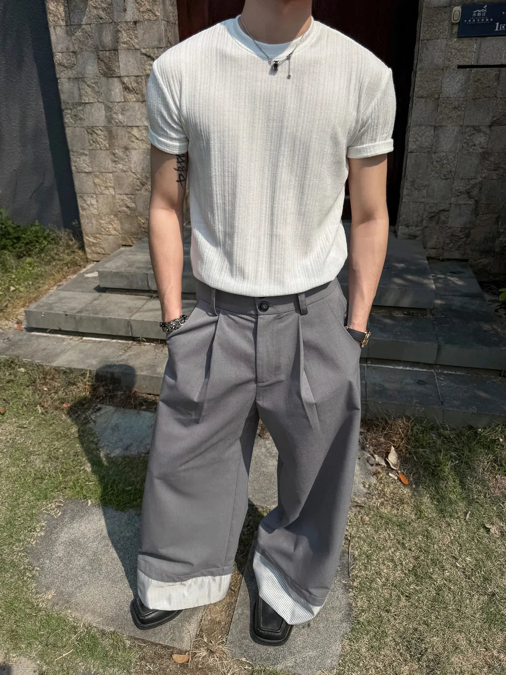 DBW Doublewin Patchwork Striped Fold-Over Casual Pants
