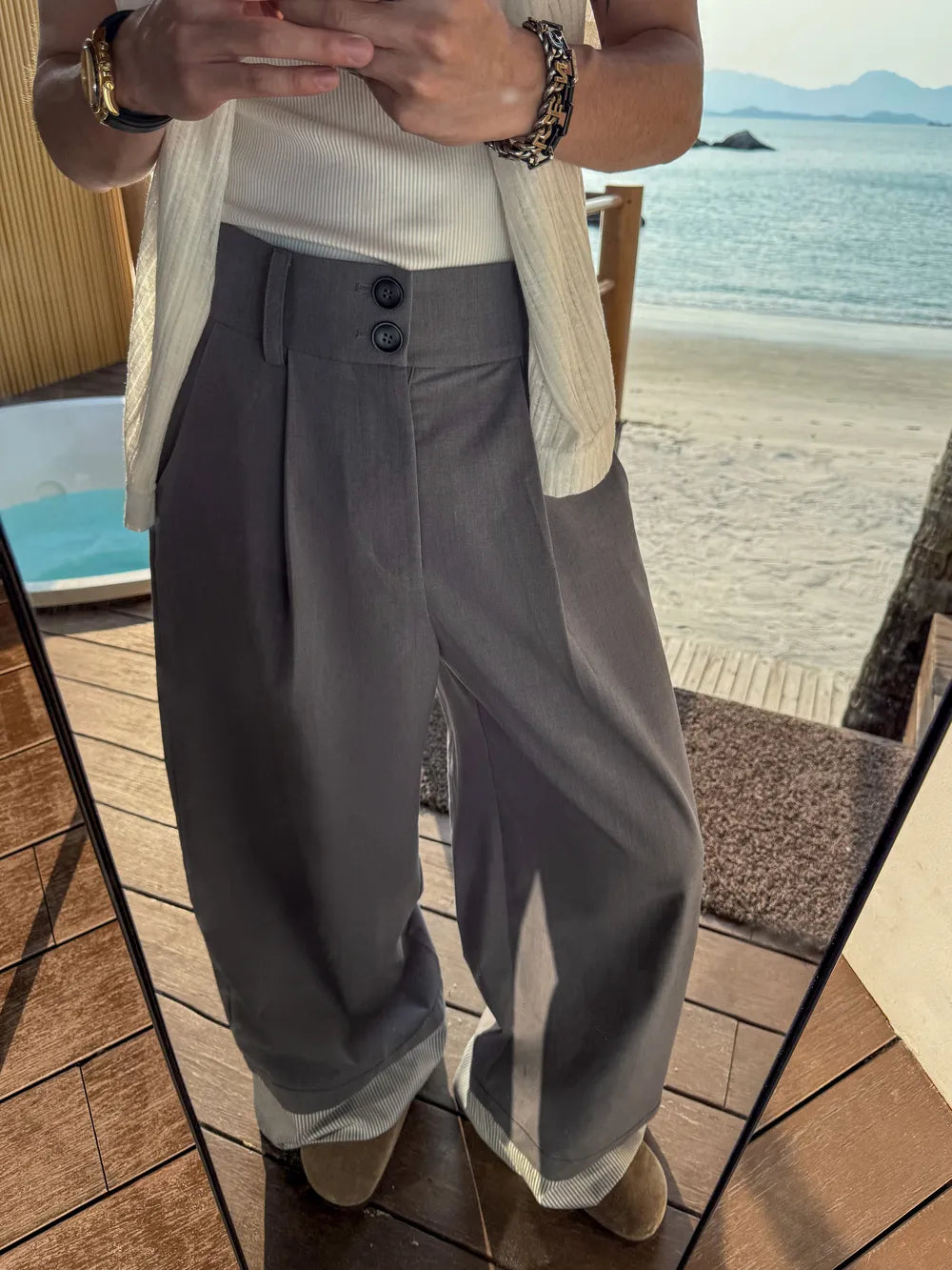 DBW Doublewin Patchwork Striped Fold-Over Casual Pants