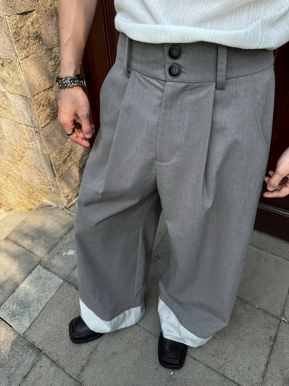DBW Doublewin Patchwork Striped Fold-Over Casual Pants